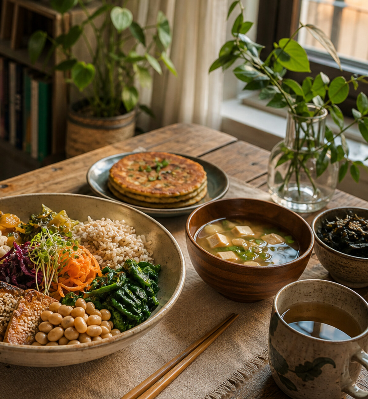 Makrobiotički veganski obrok s tofuom, povrćem i juhom